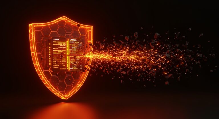 Escudo digital protegiendo código Node.js de ataques de cadena de suministro NPM en una startup.