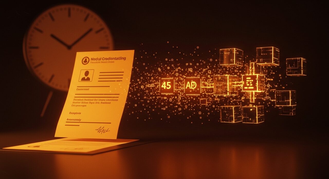 Representación visual de IA modular acelerando el credentialing médico, simbolizando eficiencia en HealthTech y éxito en funding.