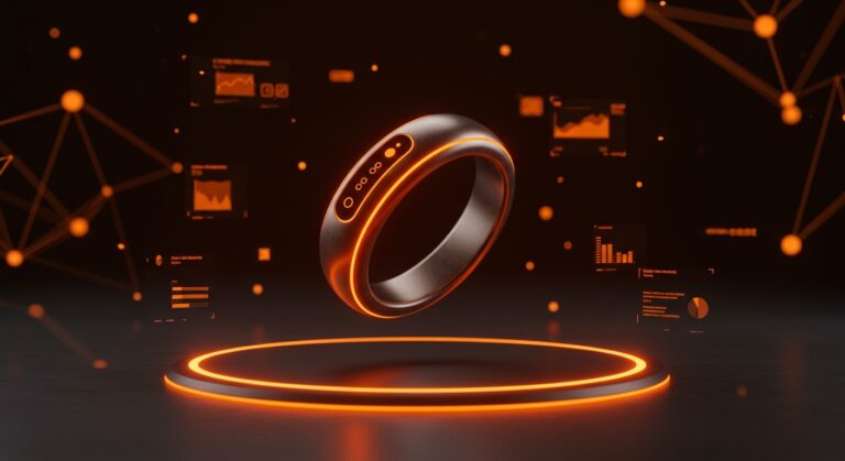 Anillo inteligente de alta tecnología sobre fondo oscuro, representando desafíos de diseño y calidad en wearables para hardware startups.
