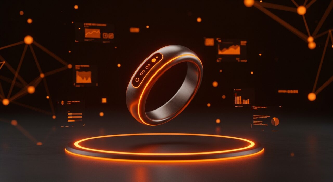 Anillo inteligente de alta tecnología sobre fondo oscuro, representando desafíos de diseño y calidad en wearables para hardware startups.