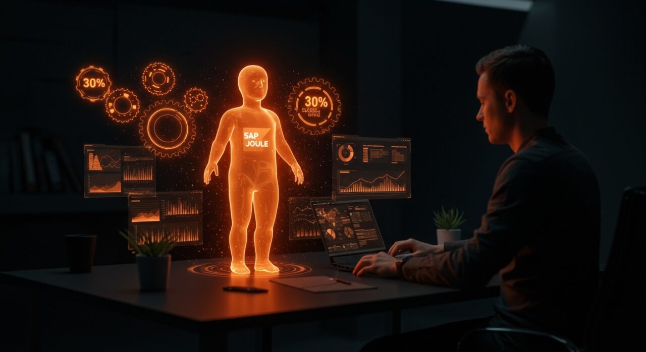 Representación de IA autónoma SAP Joule optimizando la productividad y eficiencia operativa de una startup tecnológica.