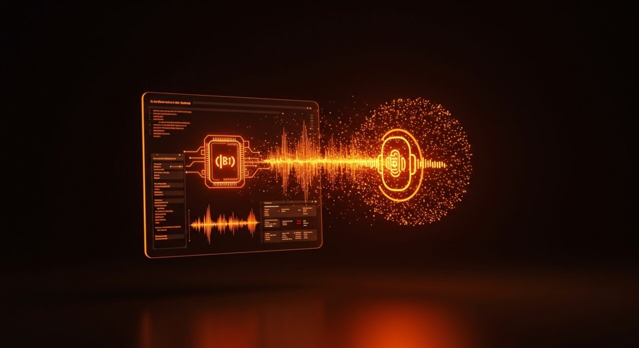 Representación visual de la automatización de podcasts con IA y la herramienta Save to Spotify CLI en un entorno tecnológico futurista.