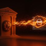 Representación conceptual de la regulación BaaS de la SBS en Perú, mostrando la integración de fintechs y banca tradicional en un entorno digital naranja y negro.