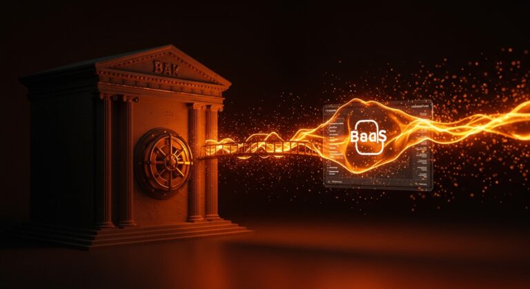 Representación conceptual de la regulación BaaS de la SBS en Perú, mostrando la integración de fintechs y banca tradicional en un entorno digital naranja y negro.