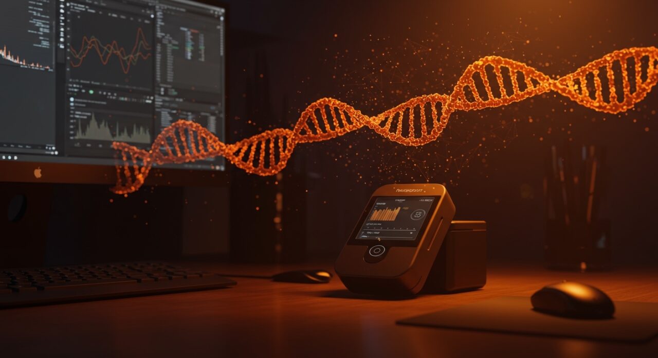 Secuenciación de ADN en casa utilizando IA y tecnología Nanopore, representando la democratización de la genómica en startups healthtech.