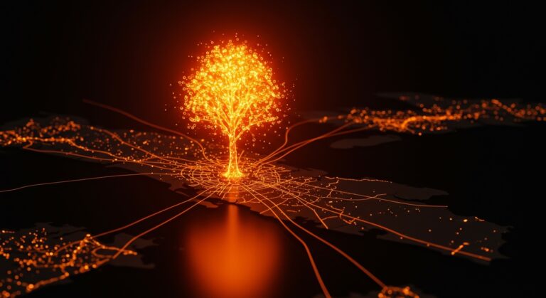 Visualización de seed funding concentrado en San Francisco representado con un brote digital y flujos de inversión en ecosistema startup.