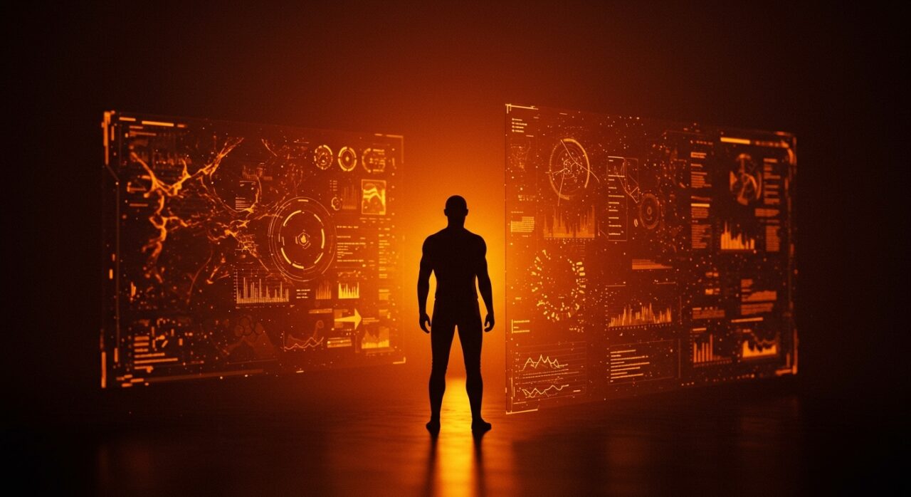 Ilustración conceptual de sesgo cognitivo frente a la inteligencia artificial, representando desafíos de percepción del consumidor en startups.