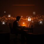 Empleado de startup usando IA sin permiso en un entorno de shadow IT, destacando la seguridad tecnológica y productividad empresarial.