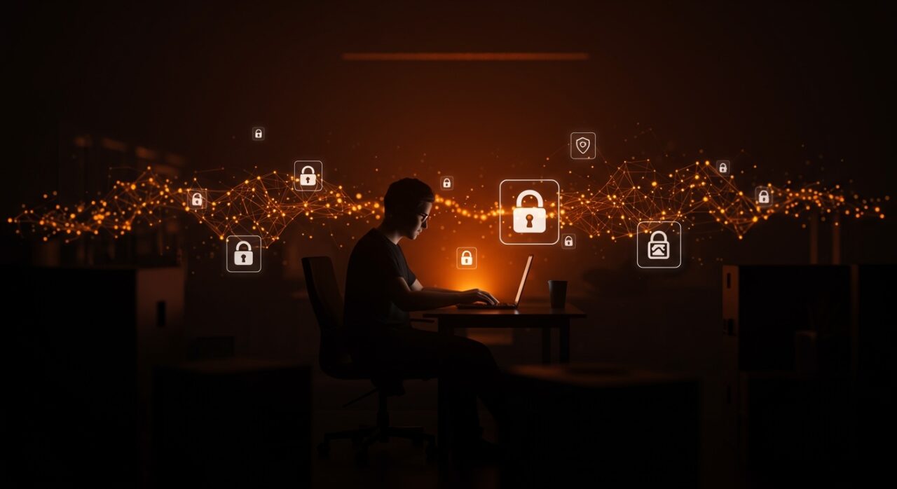 Empleado de startup usando IA sin permiso en un entorno de shadow IT, destacando la seguridad tecnológica y productividad empresarial.
