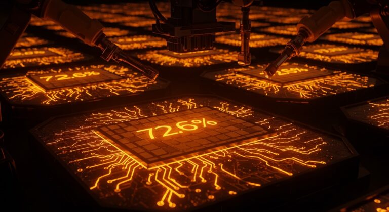 Representación conceptual de chips semiconductores y wafers de SMIC en colores naranja y negro, simbolizando la dominancia de China en la fabricación de chips.