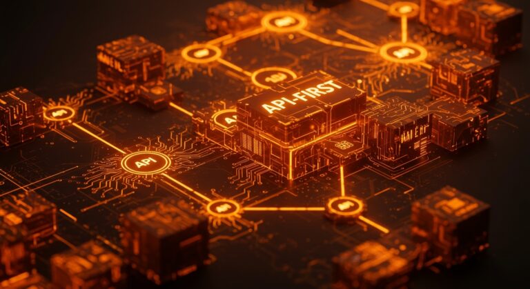 Representación visual de software a medida y arquitectura API-First como ventaja competitiva para startups en 2026.
