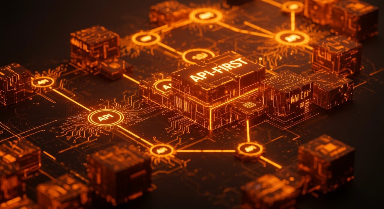 Representación visual de software a medida y arquitectura API-First como ventaja competitiva para startups en 2026.