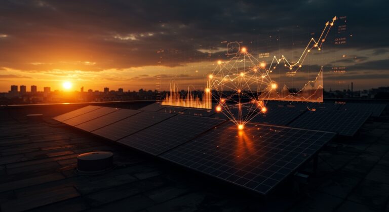 Inversión en startup climatetech solar, representando el crecimiento de energía solar en techos y el financiamiento de venture capital.