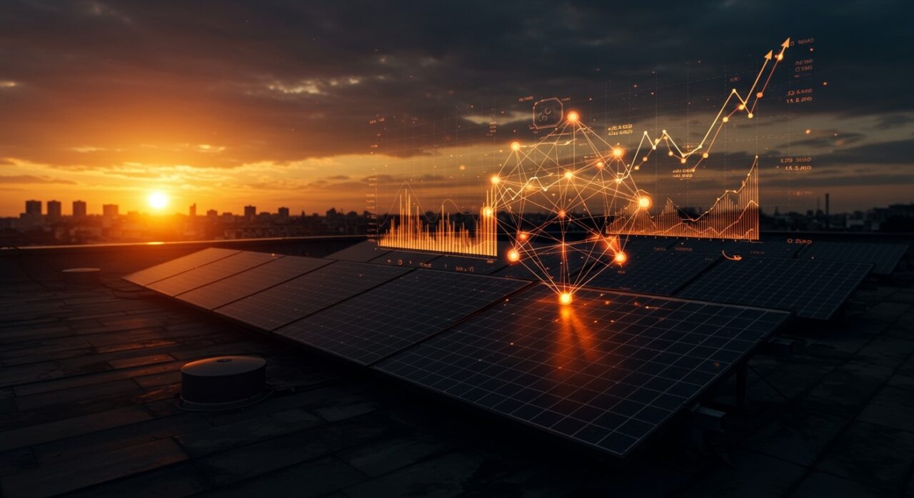 Inversión en startup climatetech solar, representando el crecimiento de energía solar en techos y el financiamiento de venture capital.