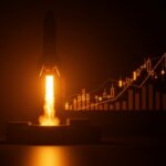 Cohete de SpaceX despegando hacia el espacio, simbolizando la salida a bolsa y la valoración de mercado de una startup tecnológica.