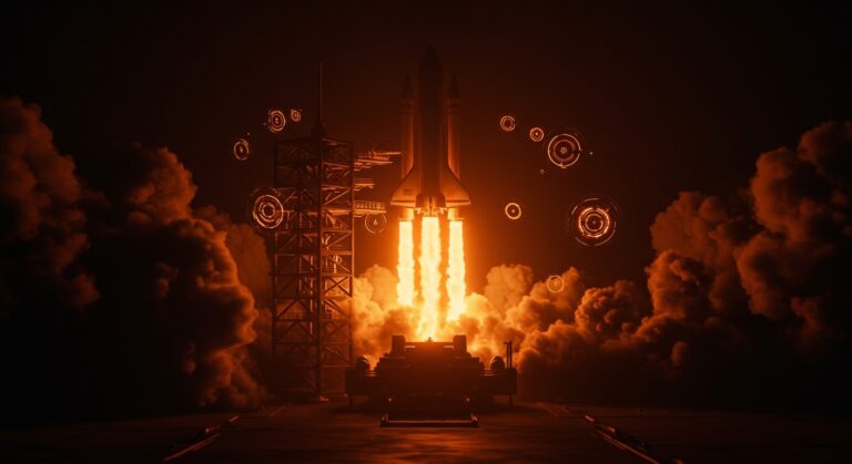 Representación conceptual de la SpaceX Starship y la iteración tecnológica en DeepTech, destacando el ciclo de aprendizaje y lanzamiento espacial.
