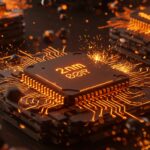 Chips de IA de última generación en tonos naranja y negro, representando la inversión de SpaceX Terafab y la reducción de costos de cómputo para startups.