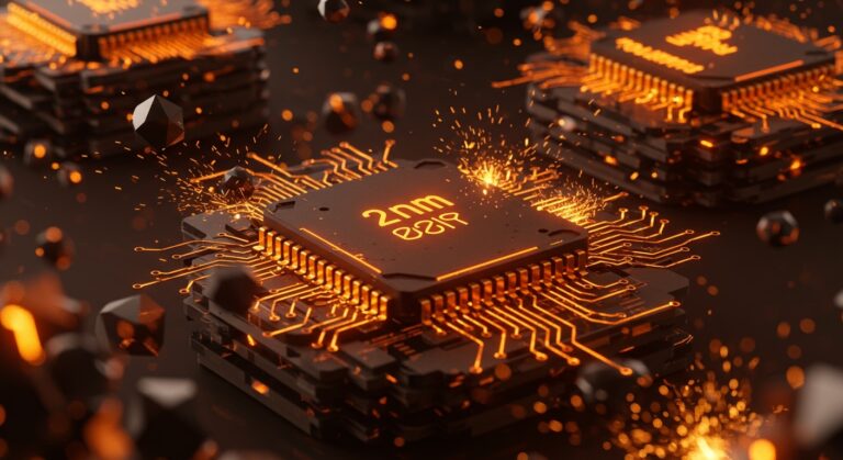 Chips de IA de última generación en tonos naranja y negro, representando la inversión de SpaceX Terafab y la reducción de costos de cómputo para startups.
