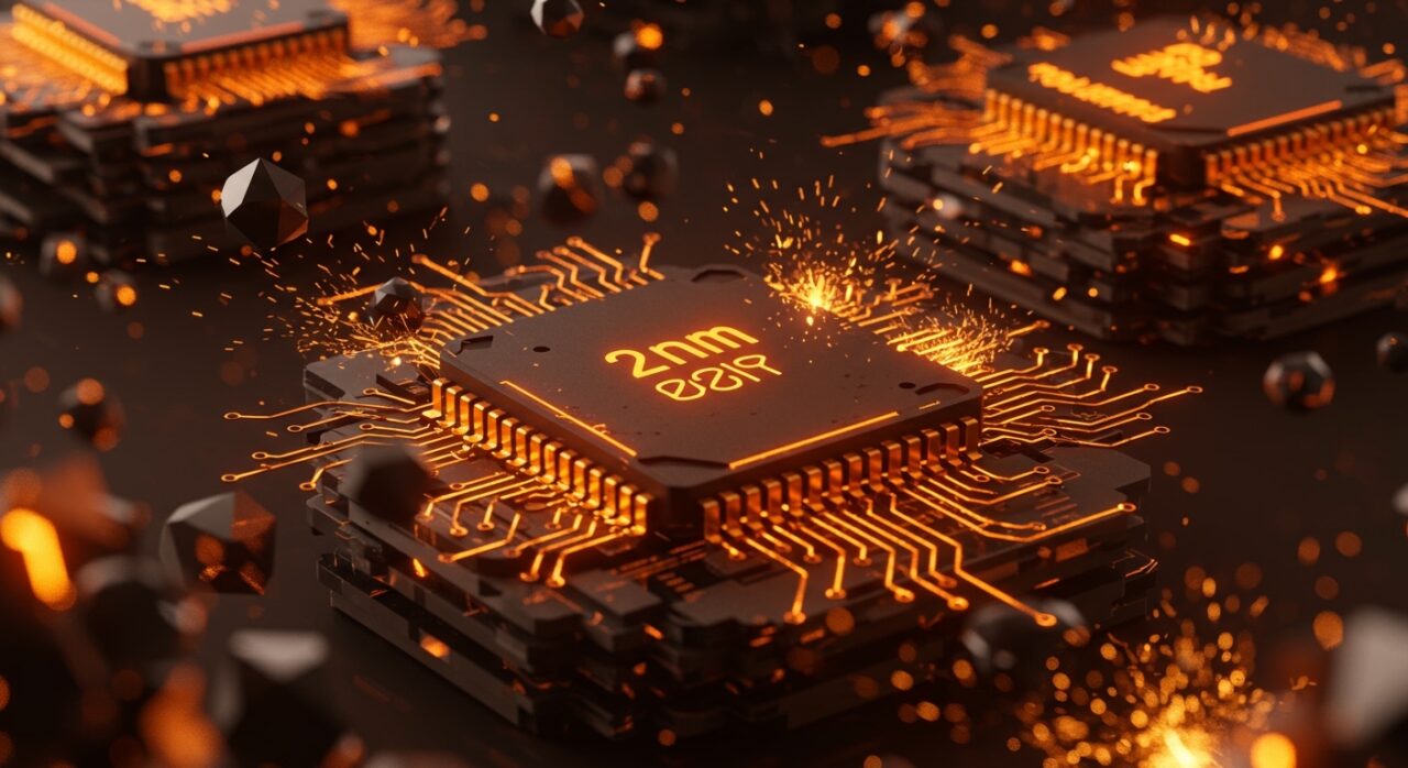 Chips de IA de última generación en tonos naranja y negro, representando la inversión de SpaceX Terafab y la reducción de costos de cómputo para startups.