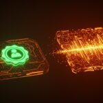 Símbolo de verificación humano frente a inteligencia artificial en una interfaz de audio digital, representando la tendencia de Spotify 2026.