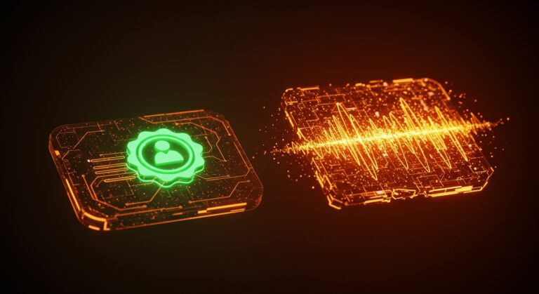 Símbolo de verificación humano frente a inteligencia artificial en una interfaz de audio digital, representando la tendencia de Spotify 2026.