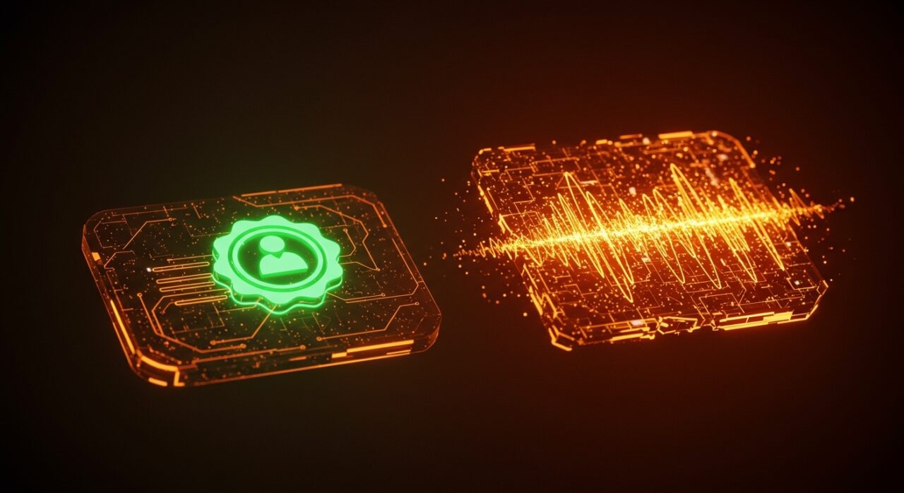 Símbolo de verificación humano frente a inteligencia artificial en una interfaz de audio digital, representando la tendencia de Spotify 2026.