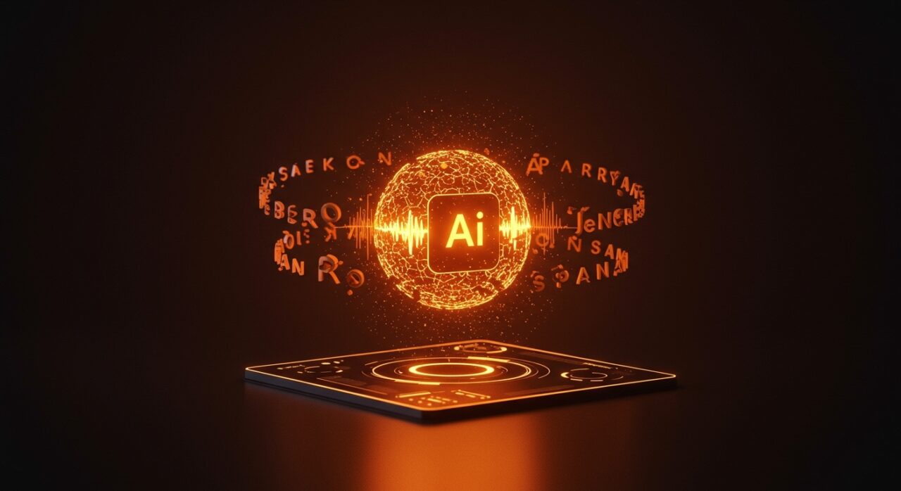 Representación conceptual de Spotify AI DJ con ondas sonoras digitales y elementos de inteligencia artificial generativa en colores naranja y negro.