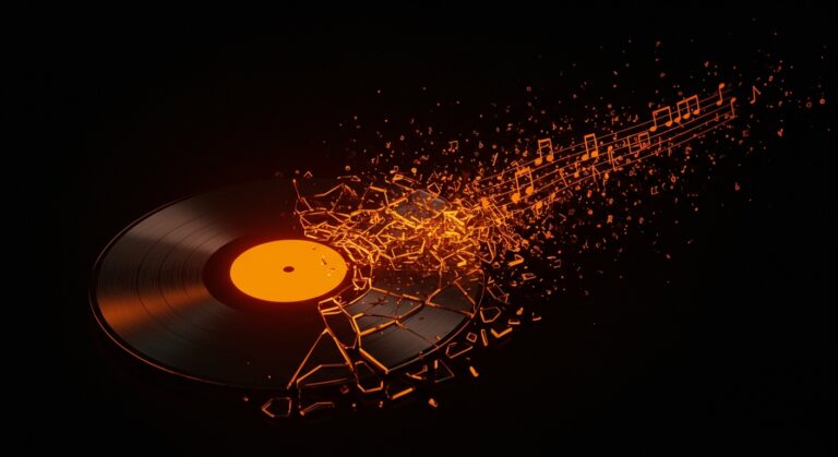 Representación conceptual de la eliminación de música generativa por IA en Spotify, analizando el impacto en el modelo de negocio de startups de contenido.