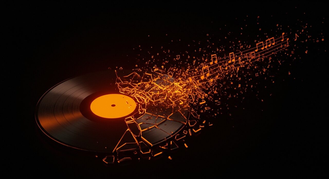 Representación conceptual de la eliminación de música generativa por IA en Spotify, analizando el impacto en el modelo de negocio de startups de contenido.