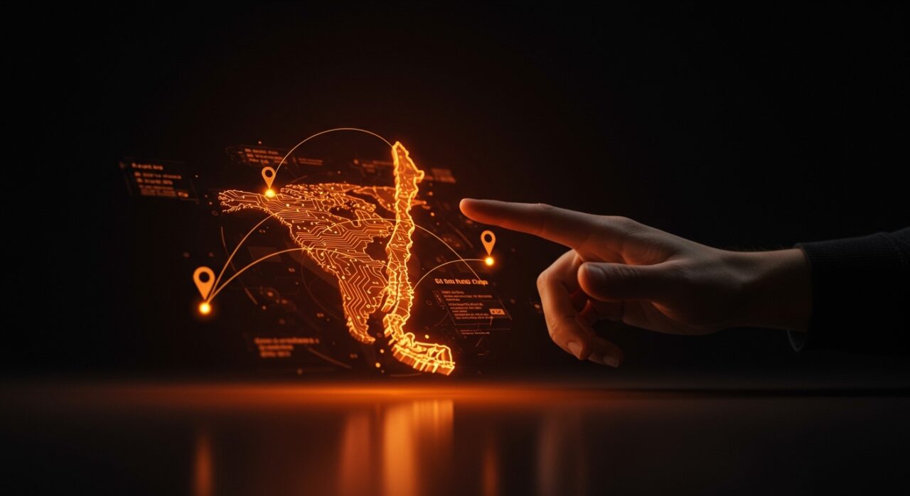 Mapa holográfico de Chile con nodos digitales, representando el futuro y posible traslado de Start-Up Chile y el ecosistema emprendedor.