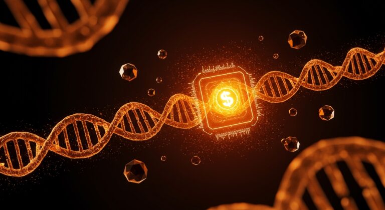 Representación conceptual de deep tech y financiamiento científico en Chile con elementos de IA y biotecnología en colores naranja y negro.