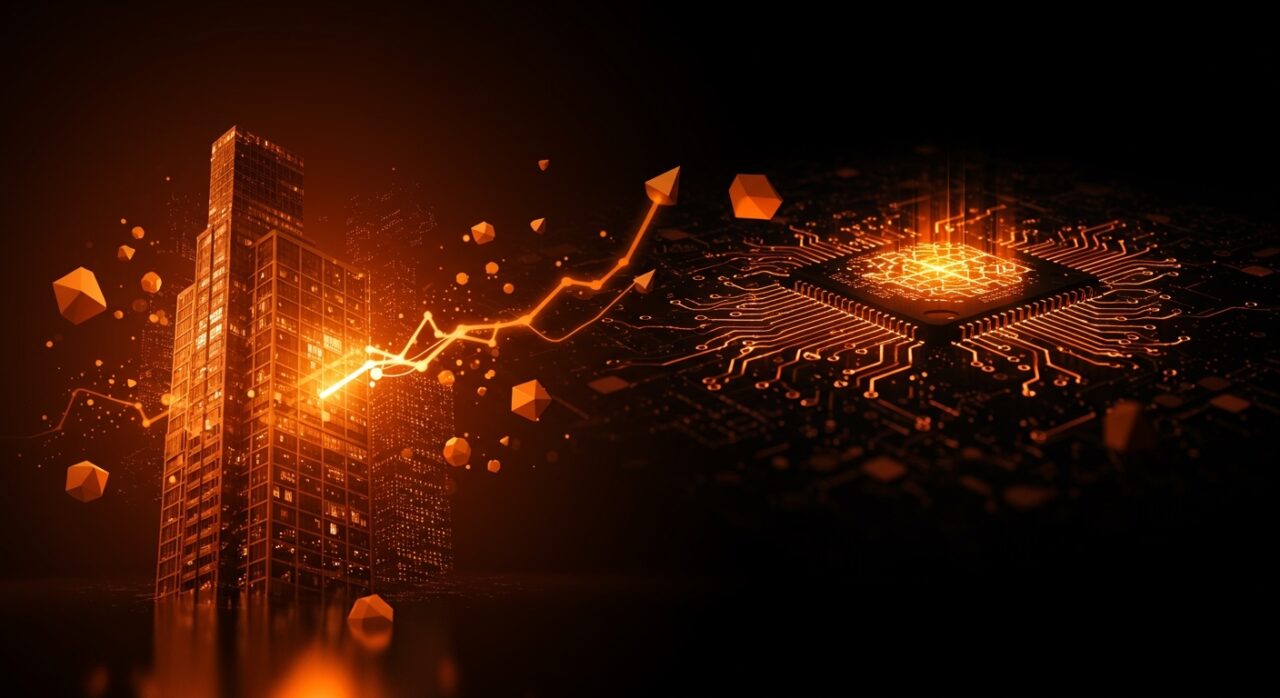 Concepto visual de PropTech y Real Estate Tech con fondos de inversión y arquitectura digital en colores naranja y negro.