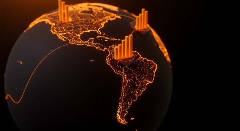 Mapa de calor digital representando el liderazgo de los ecosistemas startup en Brasil, Colombia y Chile según StartupBlink 2026.