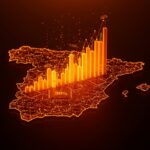 Representación visual del crecimiento de startups de IA en España con flujos de inversión y datos tecnológicos en naranja y negro.
