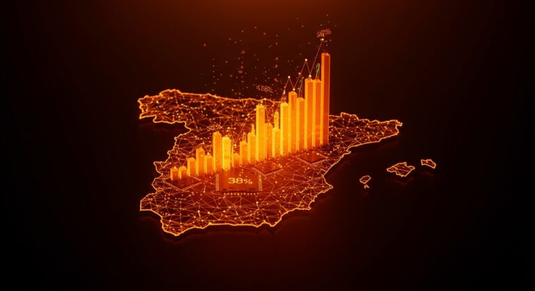Representación visual del crecimiento de startups de IA en España con flujos de inversión y datos tecnológicos en naranja y negro.