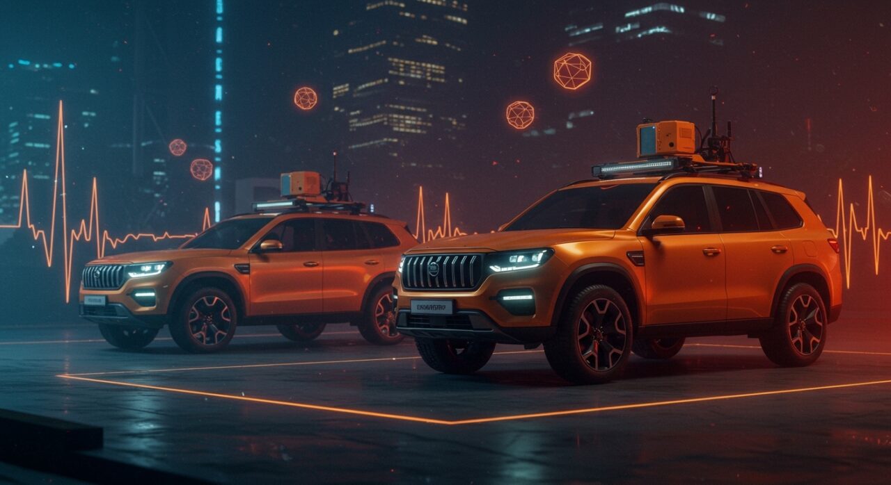 Dos SUV con tecnología antidron en Pekín, representando el mercado emergente de seguridad móvil y guerra electrónica.
