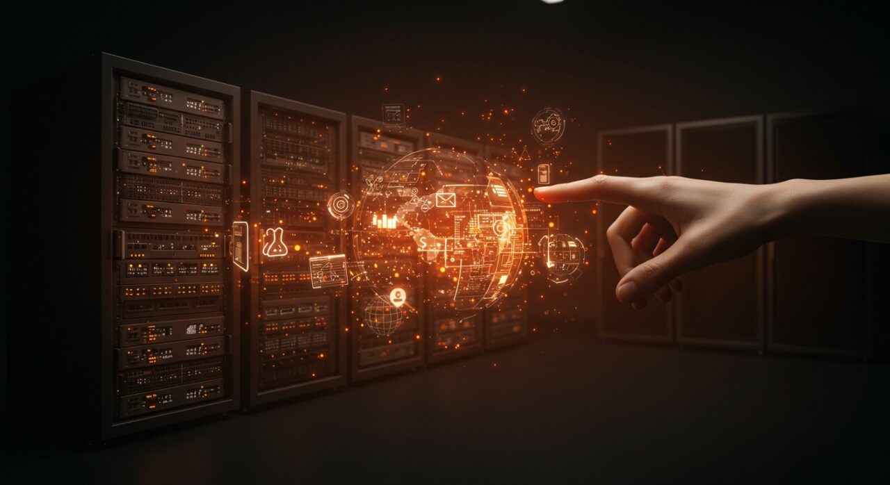 Laboratorios interactivos de redes y certificación CCNA representados digitalmente para una startup de EdTech.