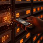 Representación conceptual de vulnerabilidad en retailtech con Flipper Zero y etiquetas electrónicas de precios en naranja y negro.
