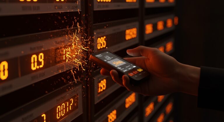Representación conceptual de vulnerabilidad en retailtech con Flipper Zero y etiquetas electrónicas de precios en naranja y negro.