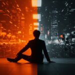 Joven profesional en actitud de reflexión frente a un entorno digital chino, representando el movimiento Tang Ping y el cambio en la cultura laboral tech.