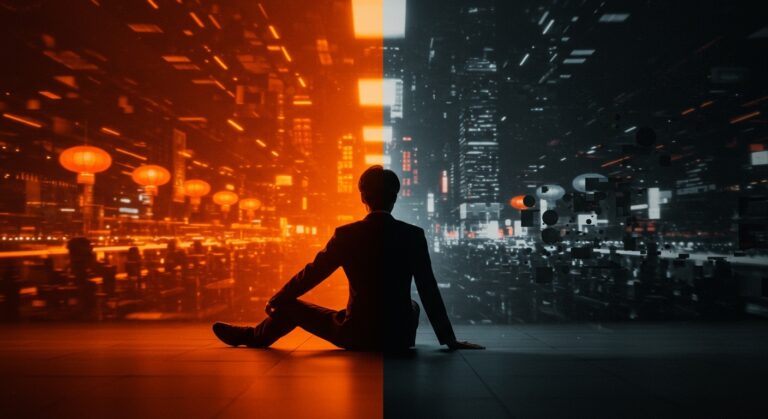 Joven profesional en actitud de reflexión frente a un entorno digital chino, representando el movimiento Tang Ping y el cambio en la cultura laboral tech.