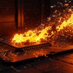 Concepto de ataque de cadena de suministro npm con malware afectando infraestructura de startups en colores naranja y negro.