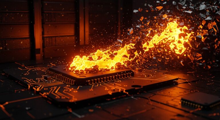 Concepto de ataque de cadena de suministro npm con malware afectando infraestructura de startups en colores naranja y negro.