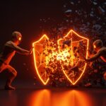 Representación conceptual de ciberseguridad y defensa contra hackers en entornos startup con tonos naranja y negro.