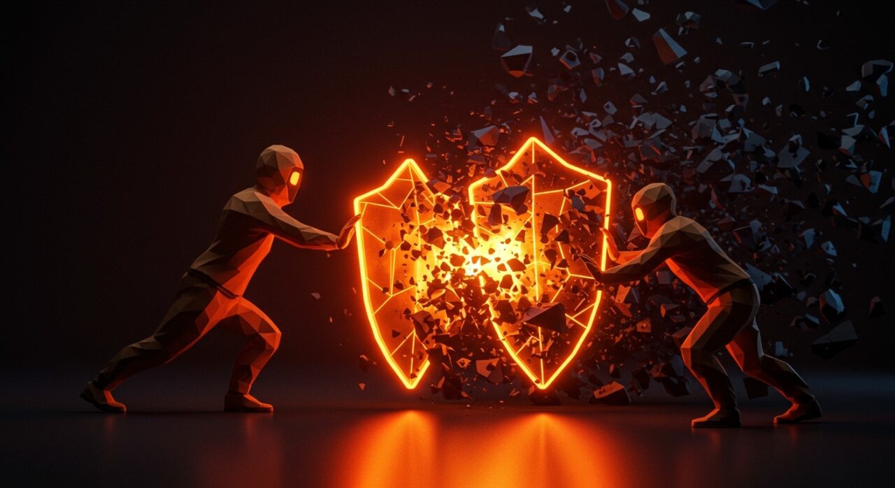 Representación conceptual de ciberseguridad y defensa contra hackers en entornos startup con tonos naranja y negro.