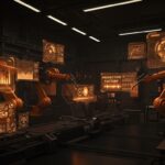 Laboratorio de fábrica inteligente y automatización industrial con tecnología de IA en tonos naranja y negro.