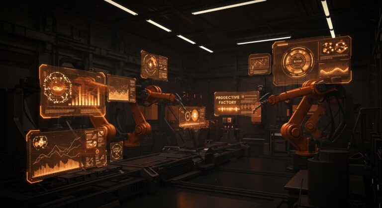 Laboratorio de fábrica inteligente y automatización industrial con tecnología de IA en tonos naranja y negro.