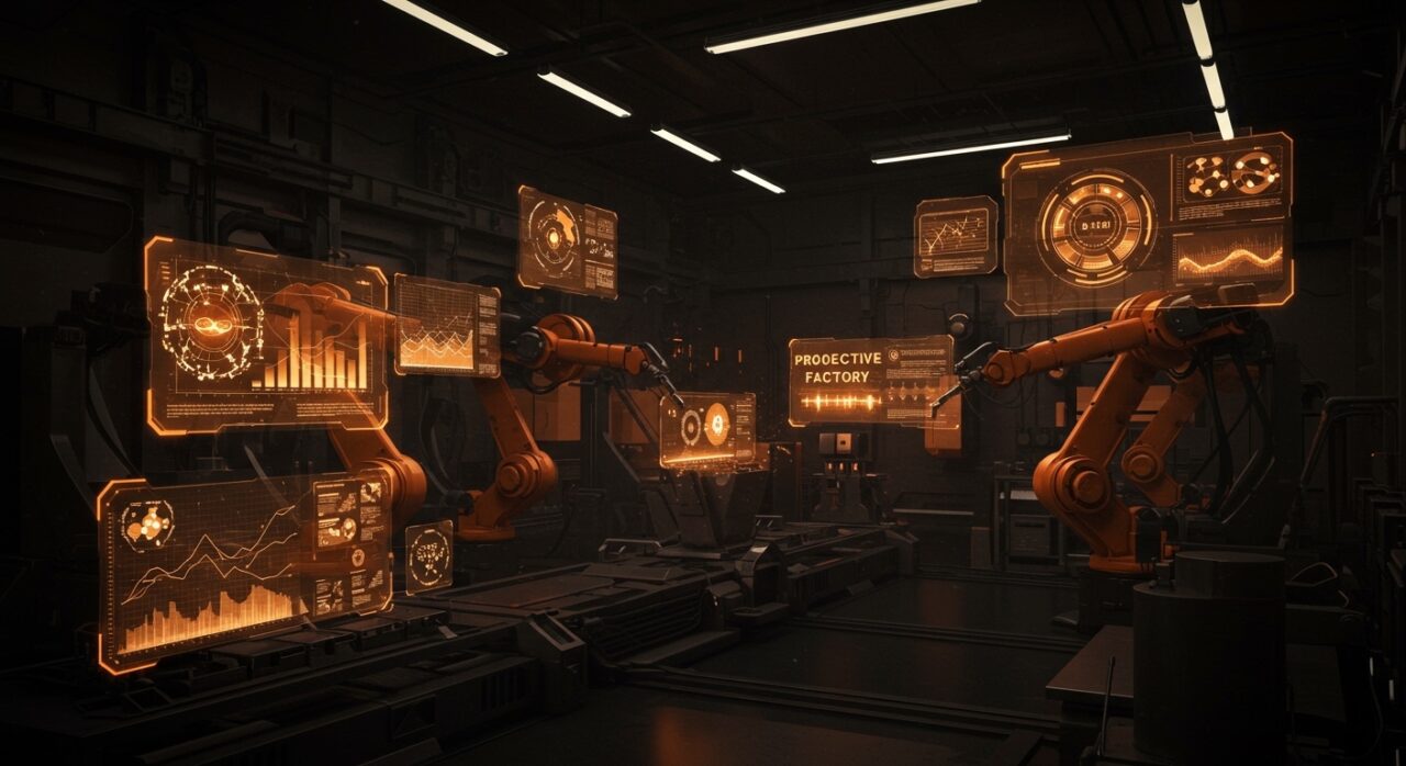 Laboratorio de fábrica inteligente y automatización industrial con tecnología de IA en tonos naranja y negro.