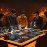Founders hispanohablantes colaborando en tecnología accesible con interfaces digitales que representan IA y domótica accesible 2026.