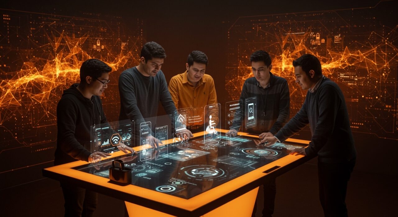 Founders hispanohablantes colaborando en tecnología accesible con interfaces digitales que representan IA y domótica accesible 2026.